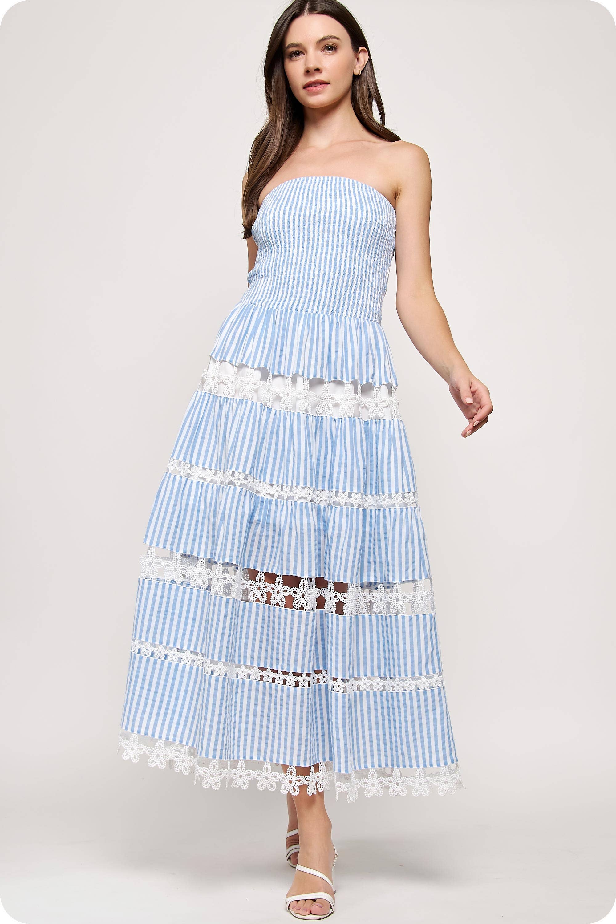 Striped Floral Lace Strapless Tube Dress