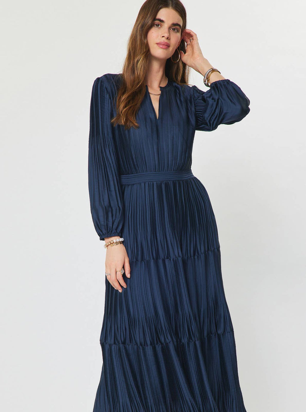 Pleated Long Sleeve Midi Dress