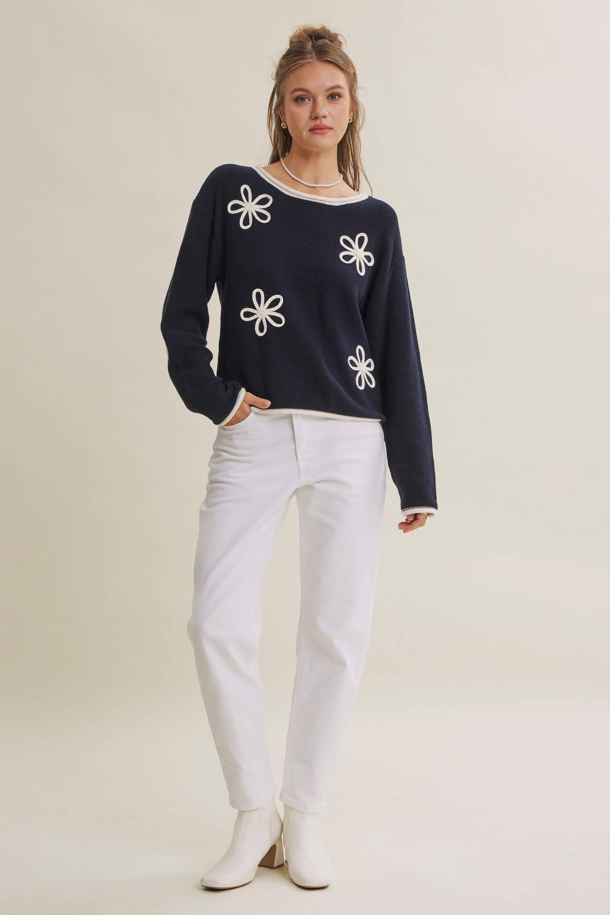 Embroidered Navy Sweater