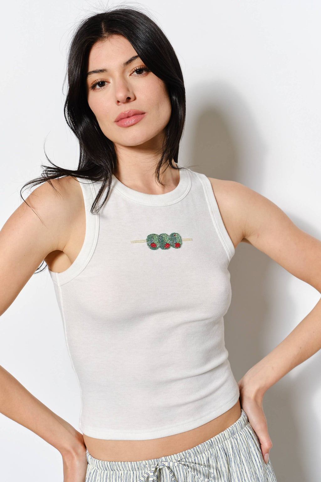 DIZZY OLIVE BEAD EMBROIDERY TANK