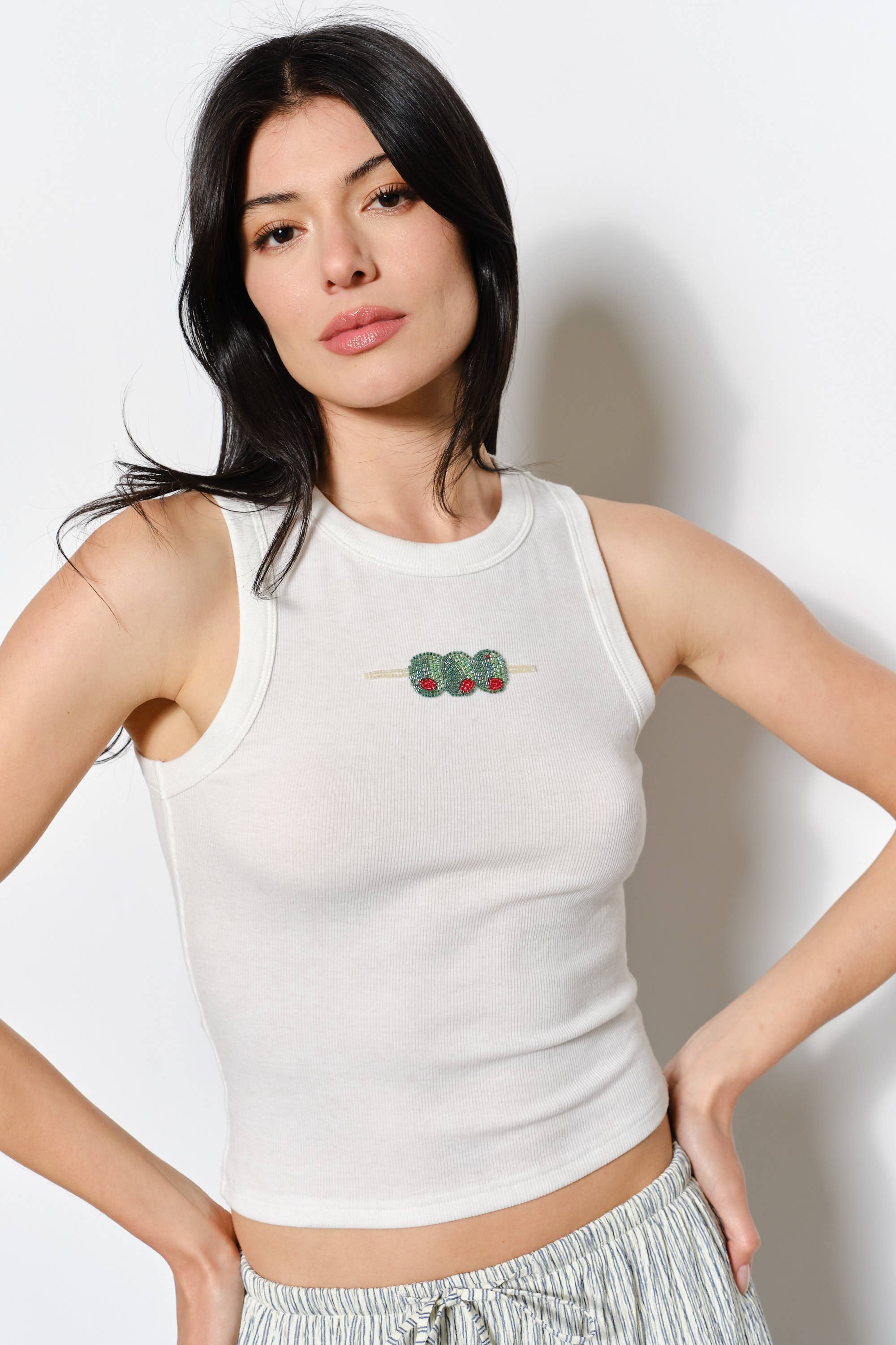 DIZZY OLIVE BEAD EMBROIDERY TANK