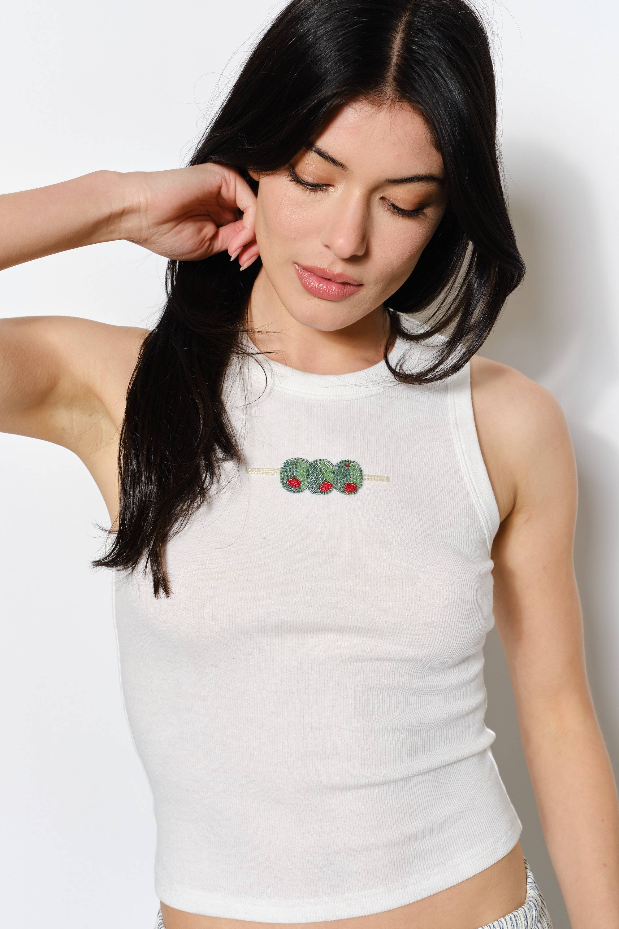DIZZY OLIVE BEAD EMBROIDERY TANK
