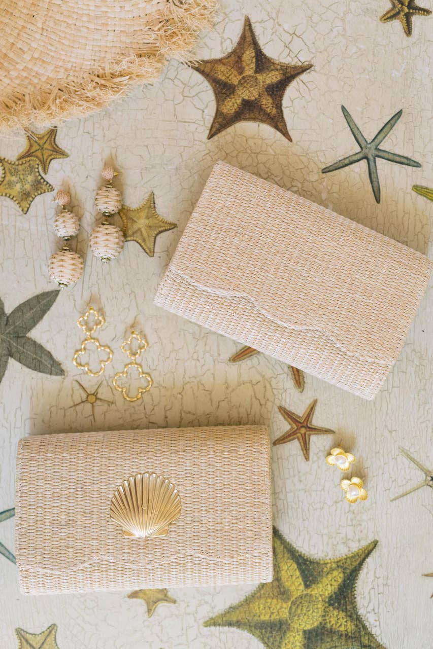 Scalloped Ruby Straw Clutch- Gold Charm