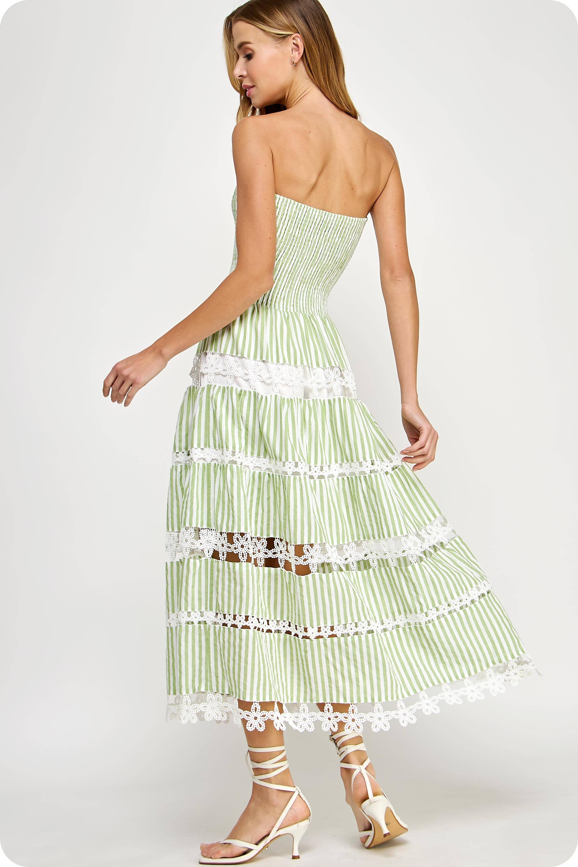 Striped Floral Lace Strapless Tube Dress
