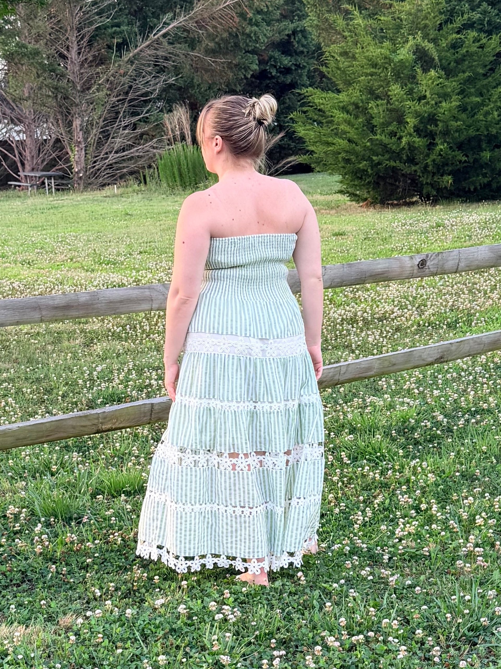 Striped Floral Lace Strapless Tube Dress