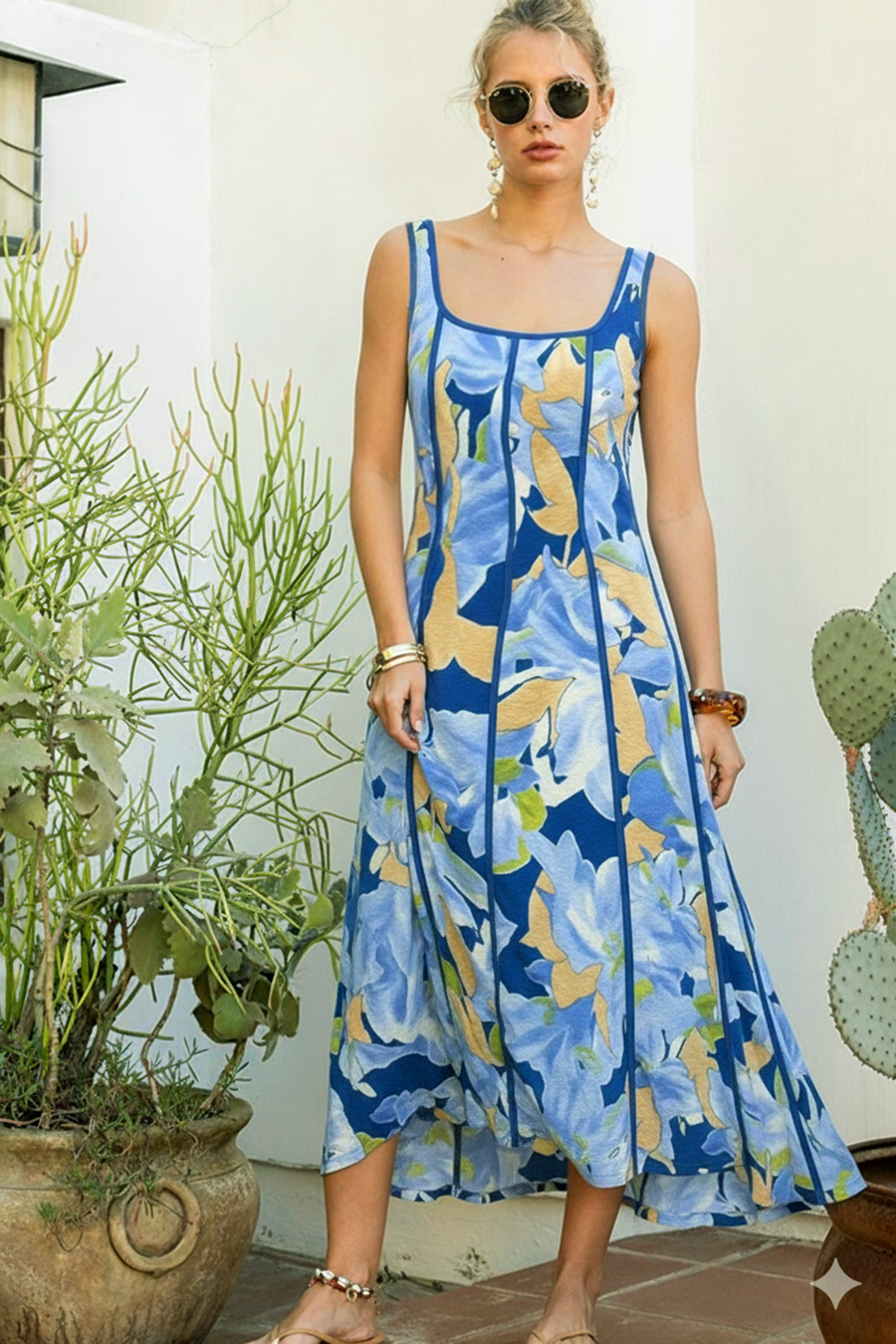 Spring Printed Contrast Binding Midi Dress