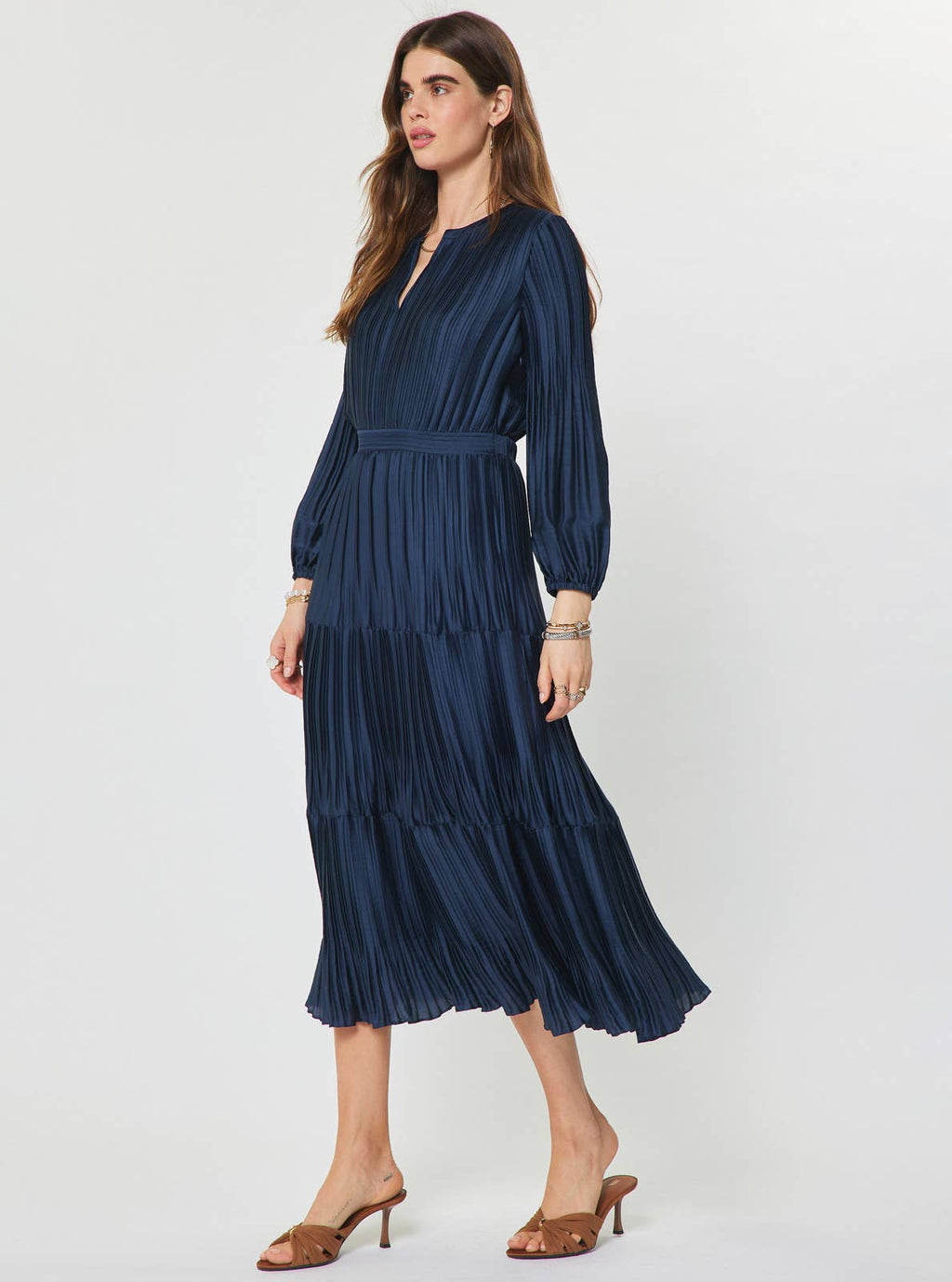 Pleated Long Sleeve Midi Dress