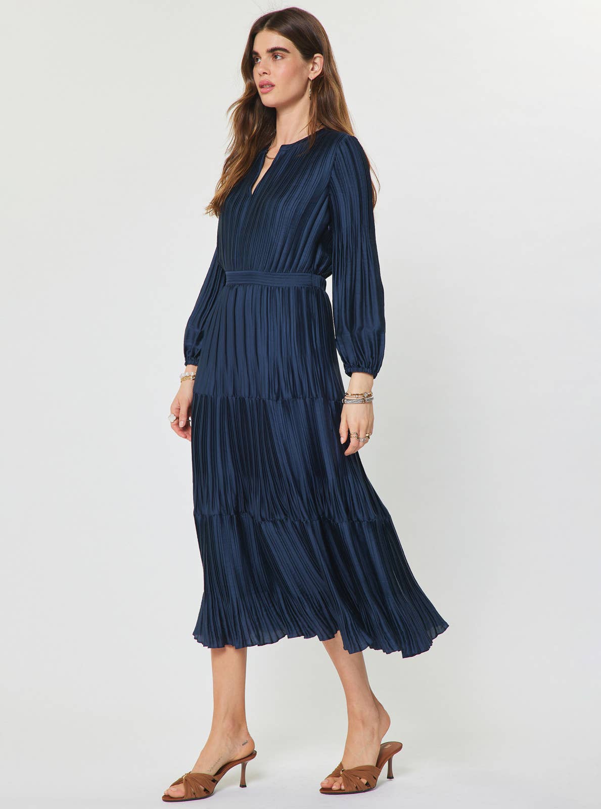 Pleated Long Sleeve Midi Dress