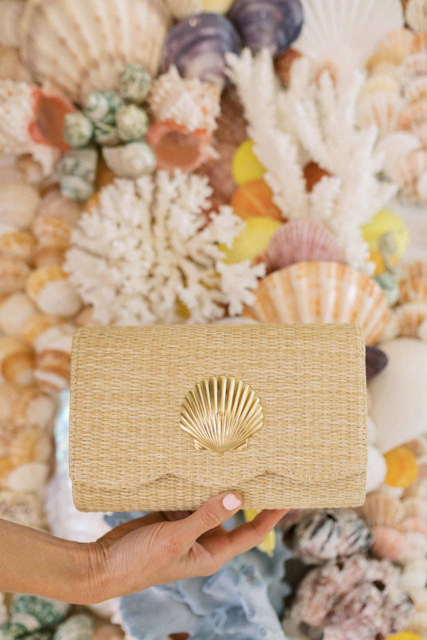 Scalloped Ruby Straw Clutch- Gold Charm