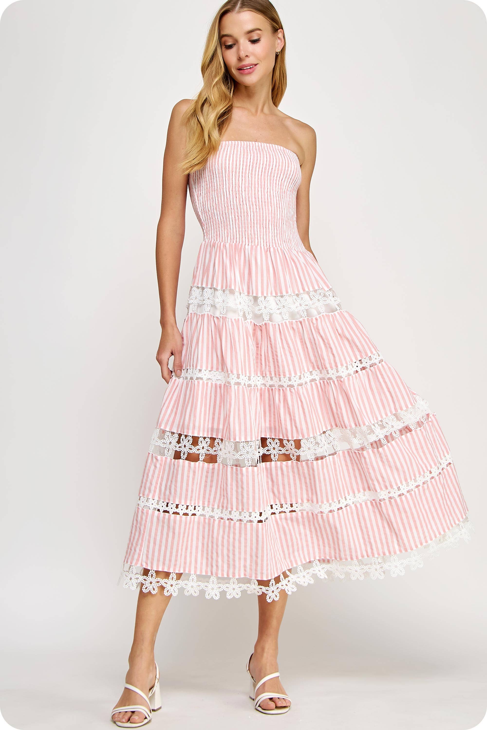 Striped Floral Lace Strapless Tube Dress