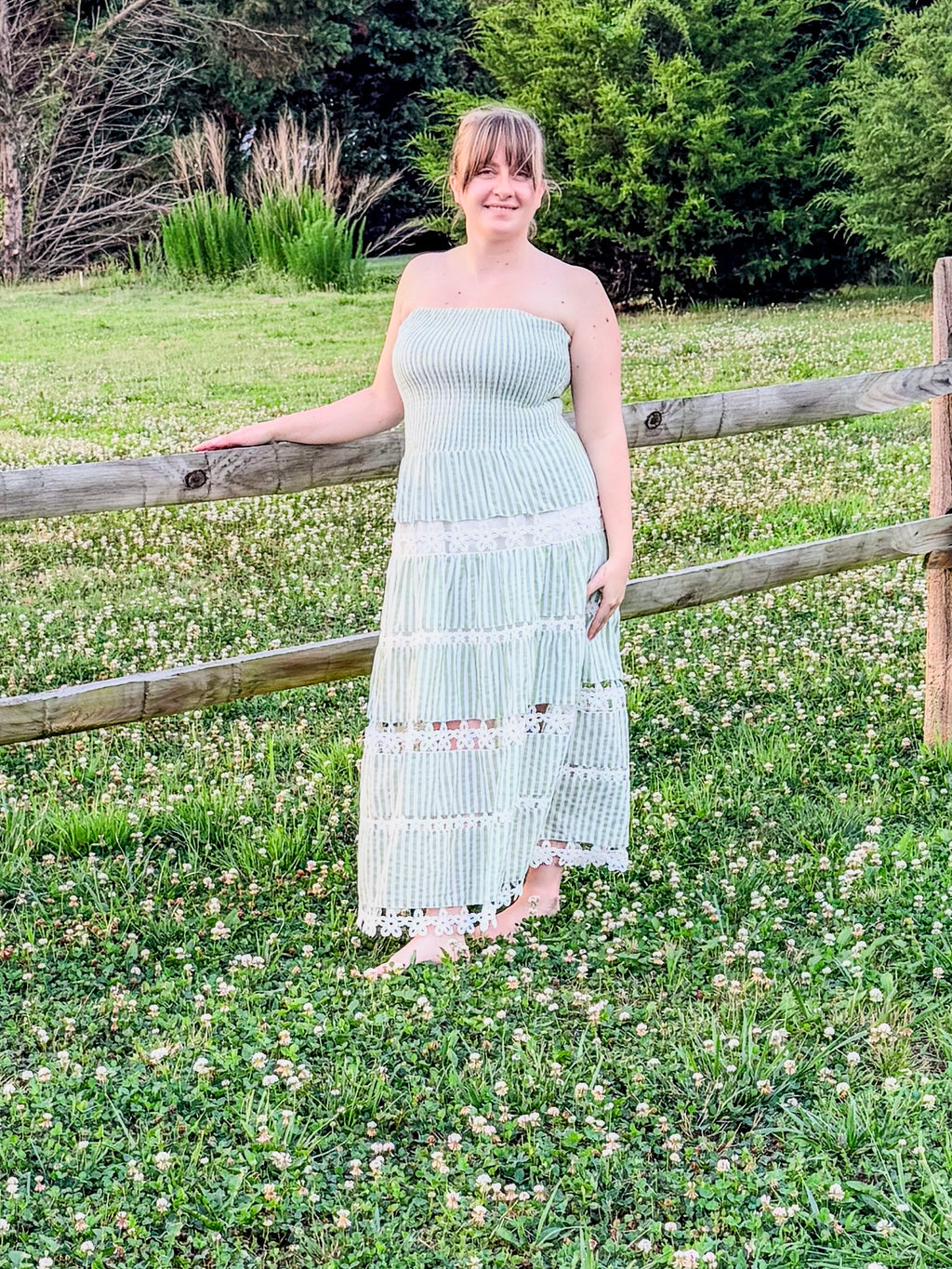 Striped Floral Lace Strapless Tube Dress