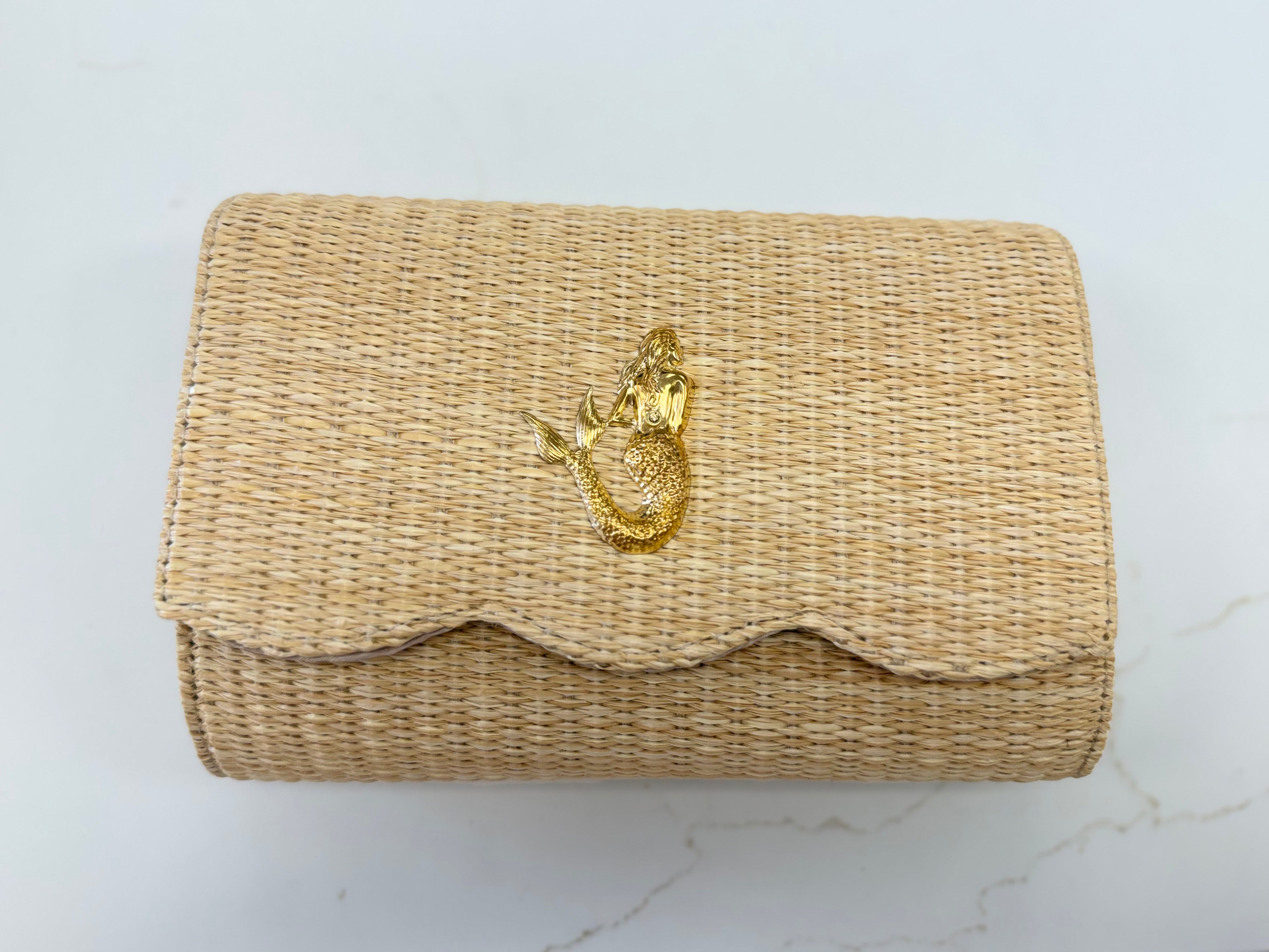 Scalloped Ruby Straw Clutch- Gold Charm