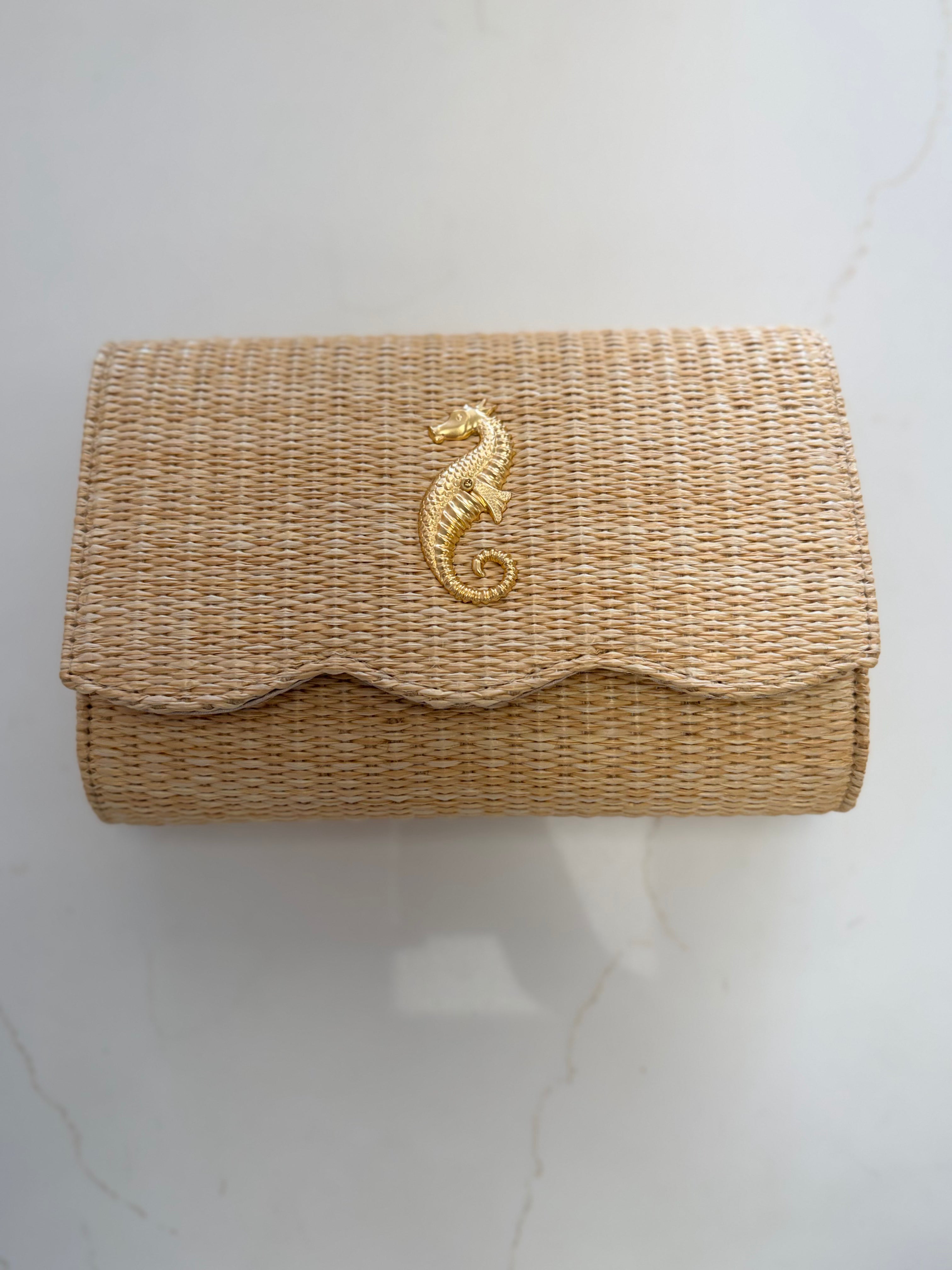 Scalloped Ruby Straw Clutch- Gold Charm