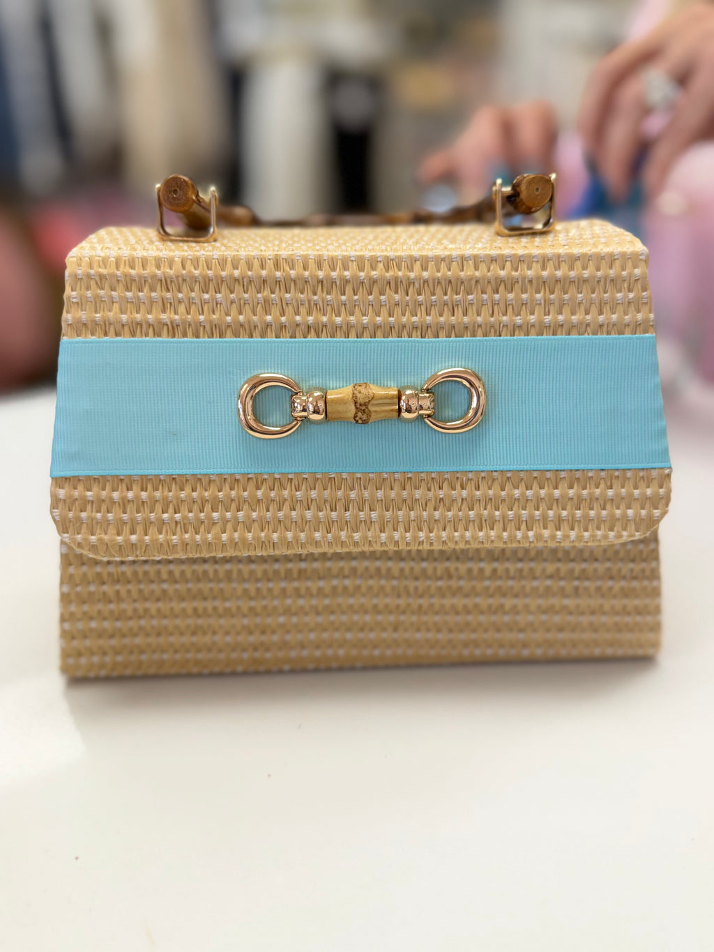 Straw Bamboo Handle - Ribbon Band with Bamboo Toggle