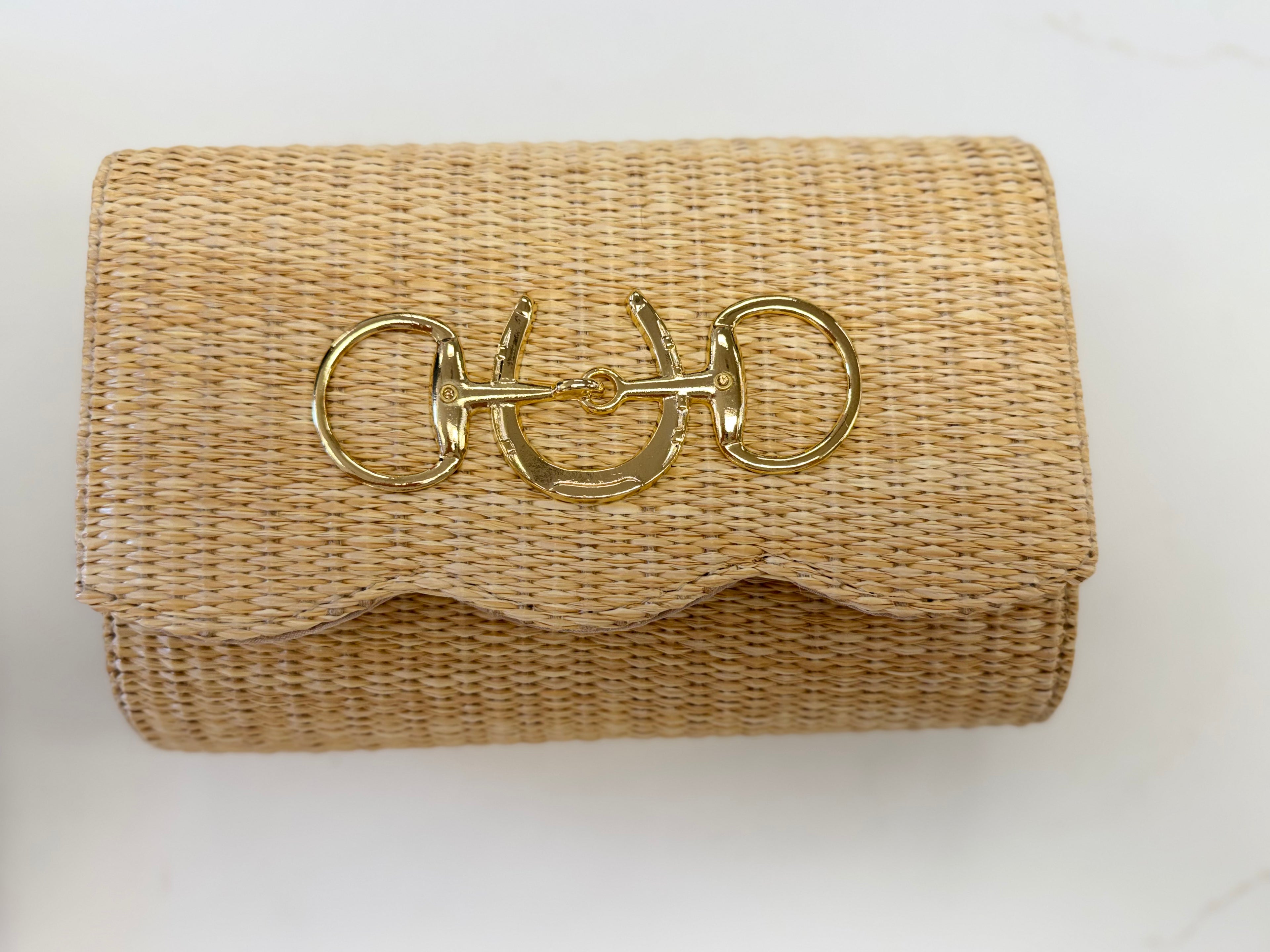 Scalloped Ruby Straw Clutch- Gold Charm