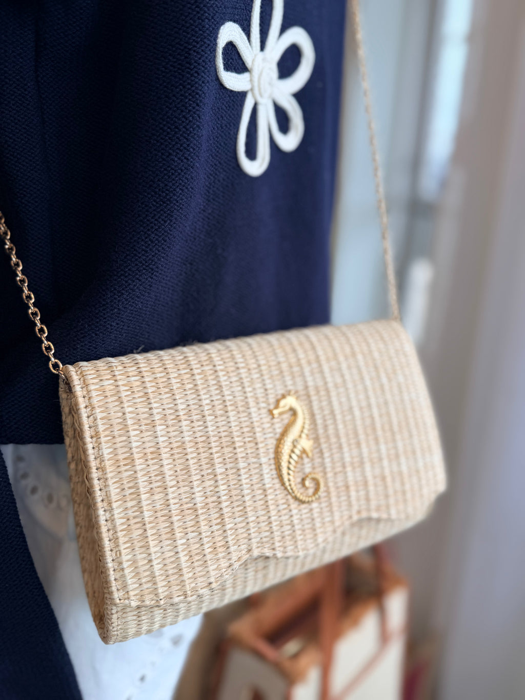 Scalloped Ruby Straw Clutch- Gold Charm