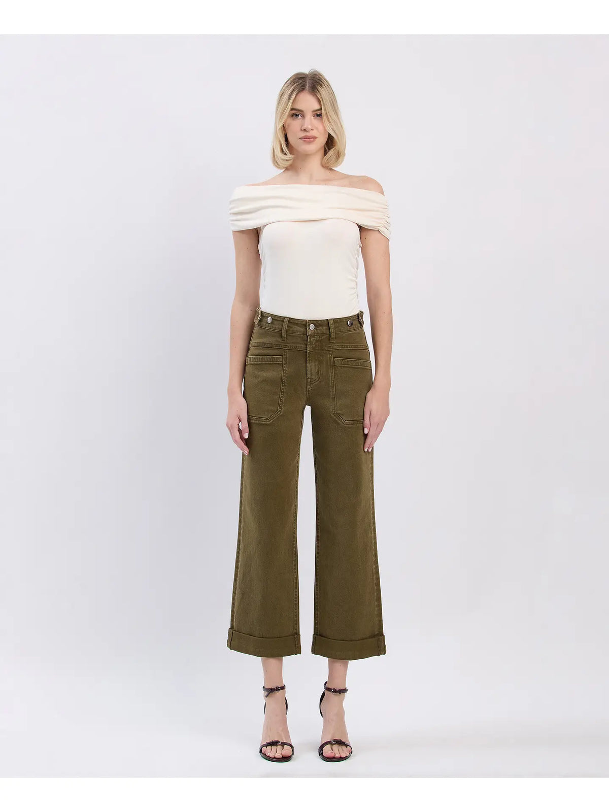 High Rise Tab Cuffed Slim Wide Jeans