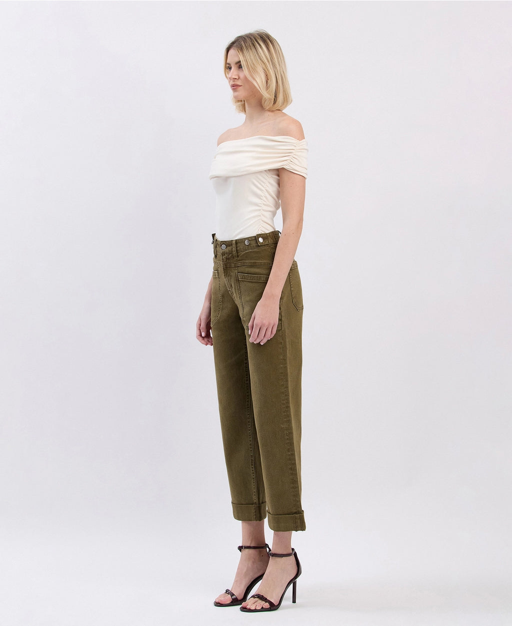 High Rise Tab Cuffed Slim Wide Jeans