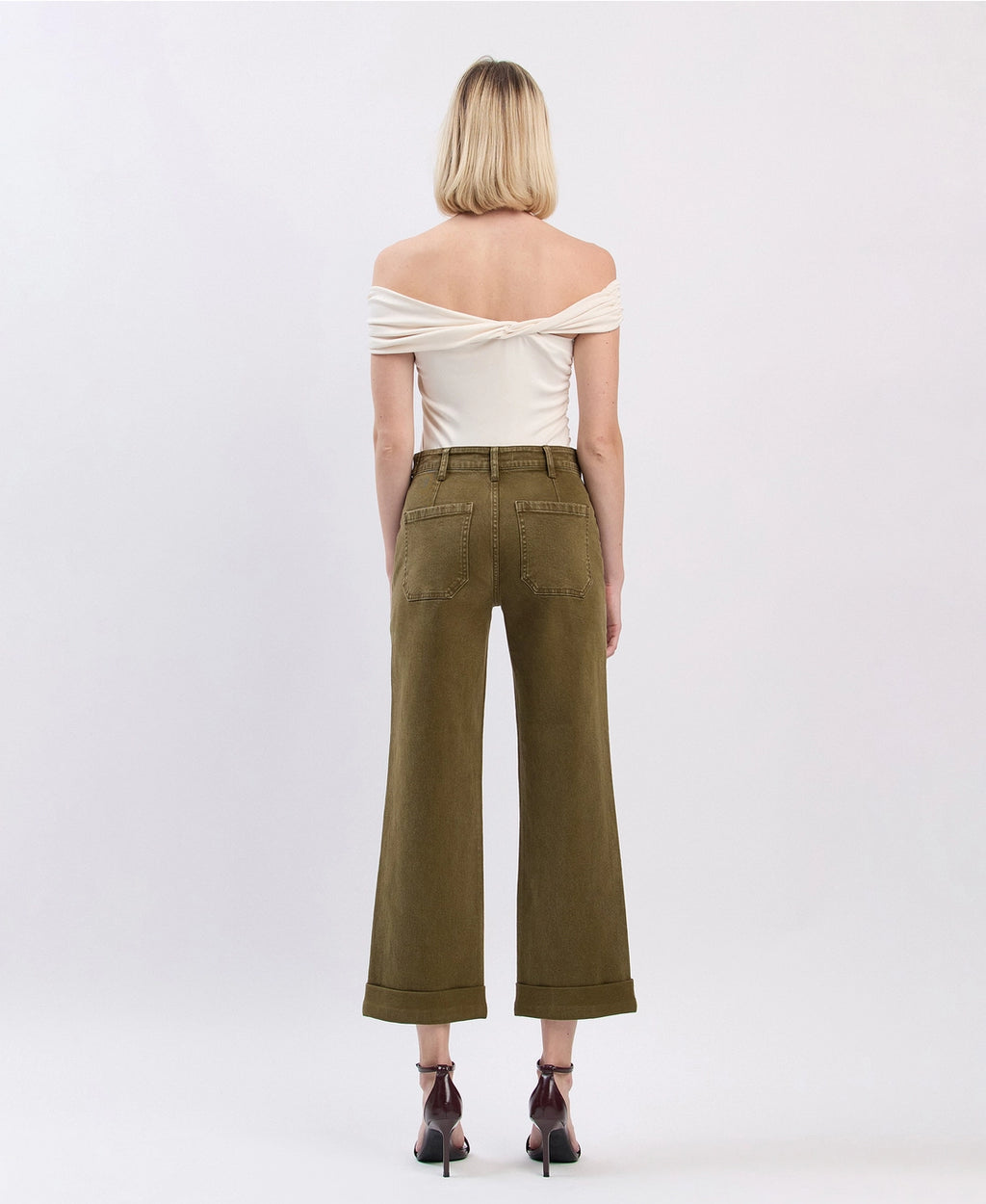 High Rise Tab Cuffed Slim Wide Jeans