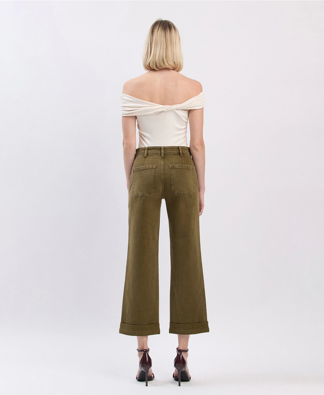 High Rise Tab Cuffed Slim Wide Jeans
