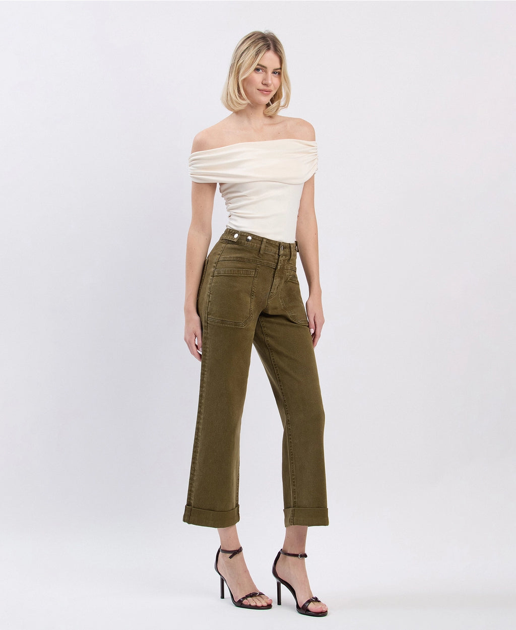 High Rise Tab Cuffed Slim Wide Jeans