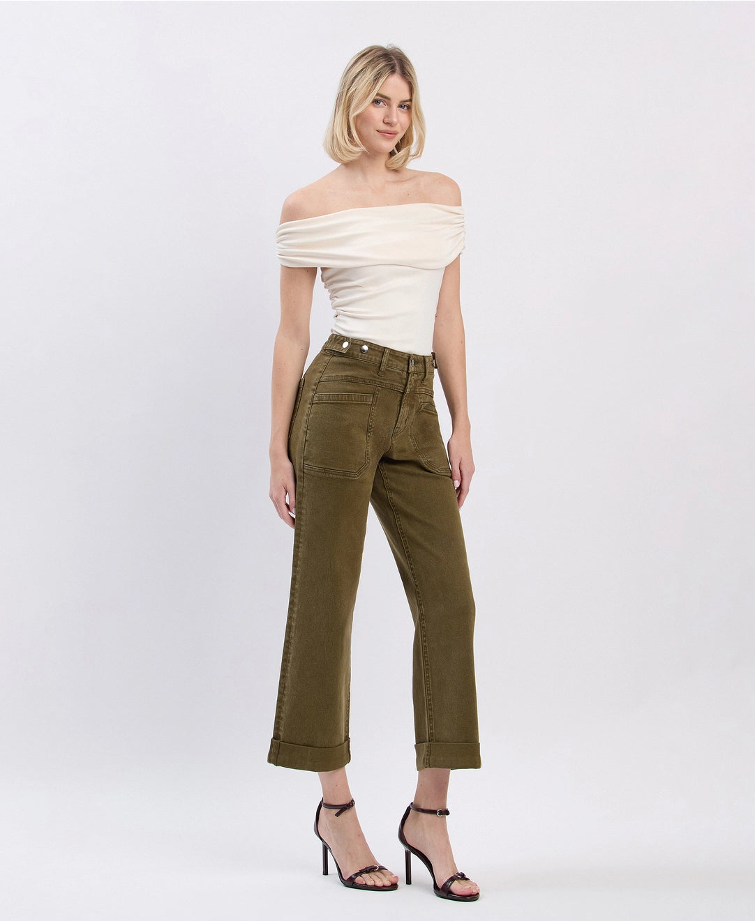 High Rise Tab Cuffed Slim Wide Jeans