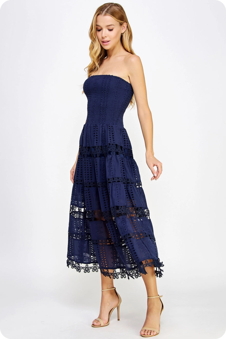Strapless Eyelet Lace Midi Dress