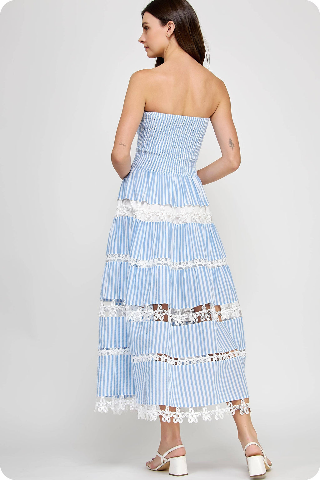 Striped Floral Lace Strapless Tube Dress