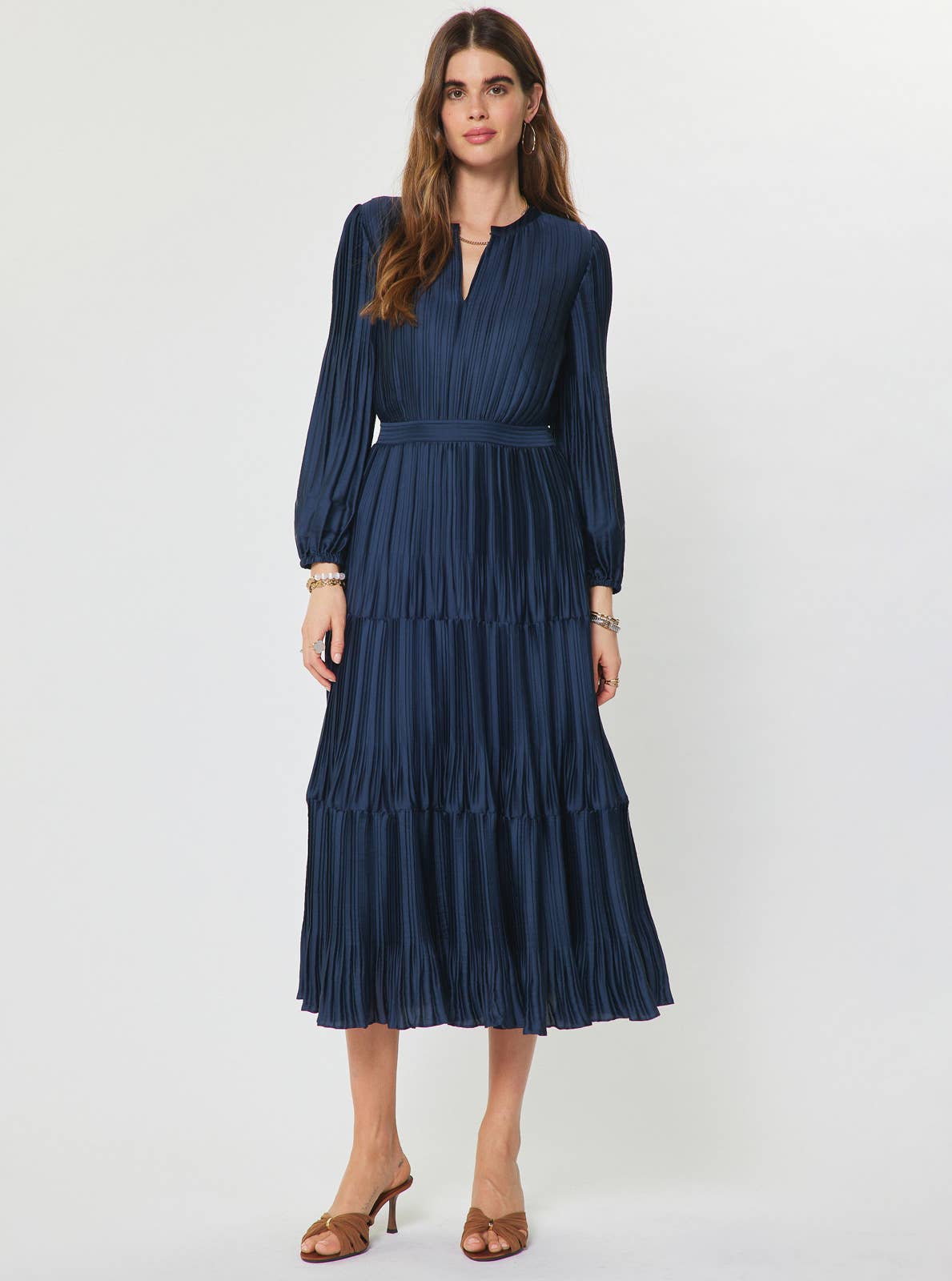Pleated Long Sleeve Midi Dress