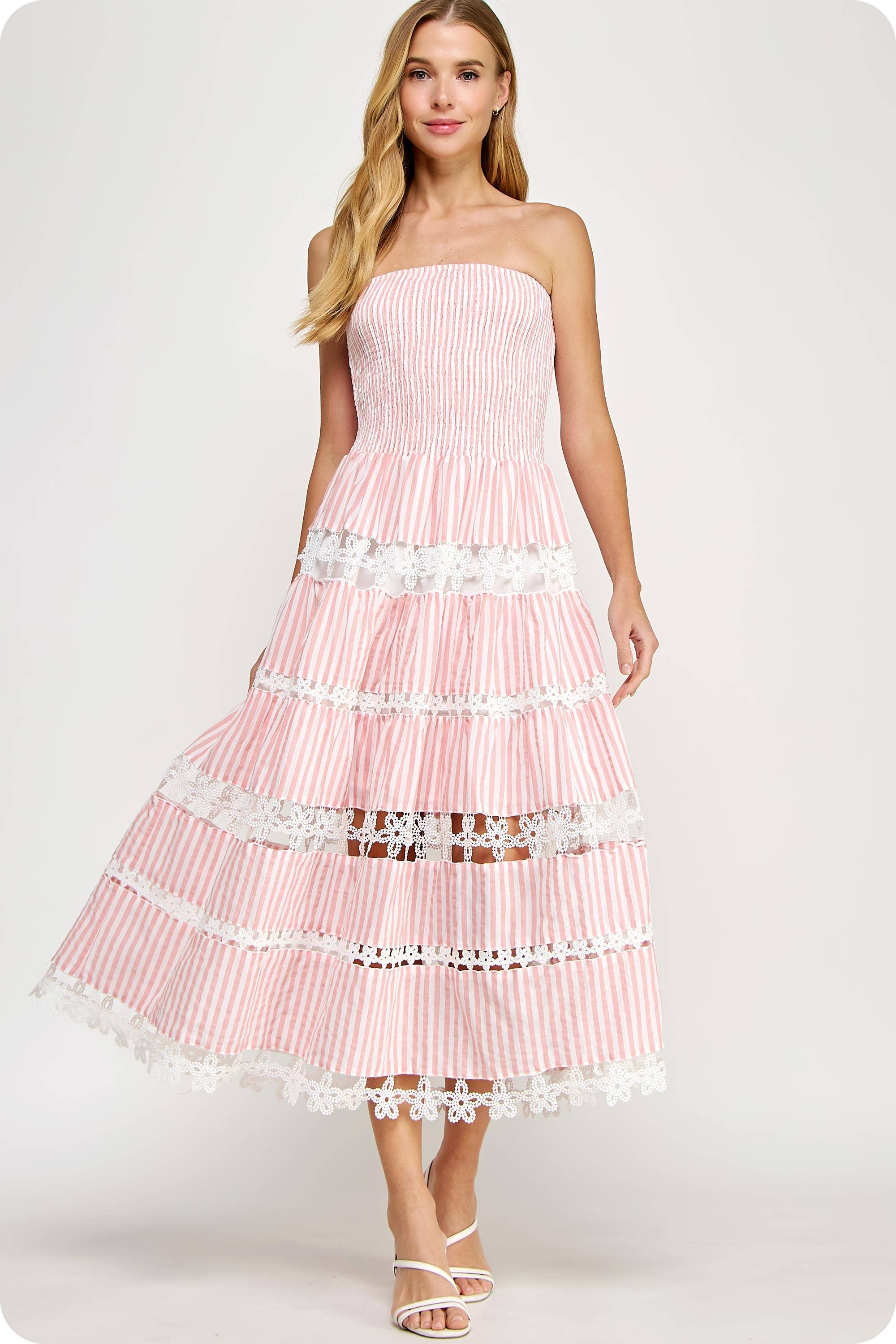 Striped Floral Lace Strapless Tube Dress