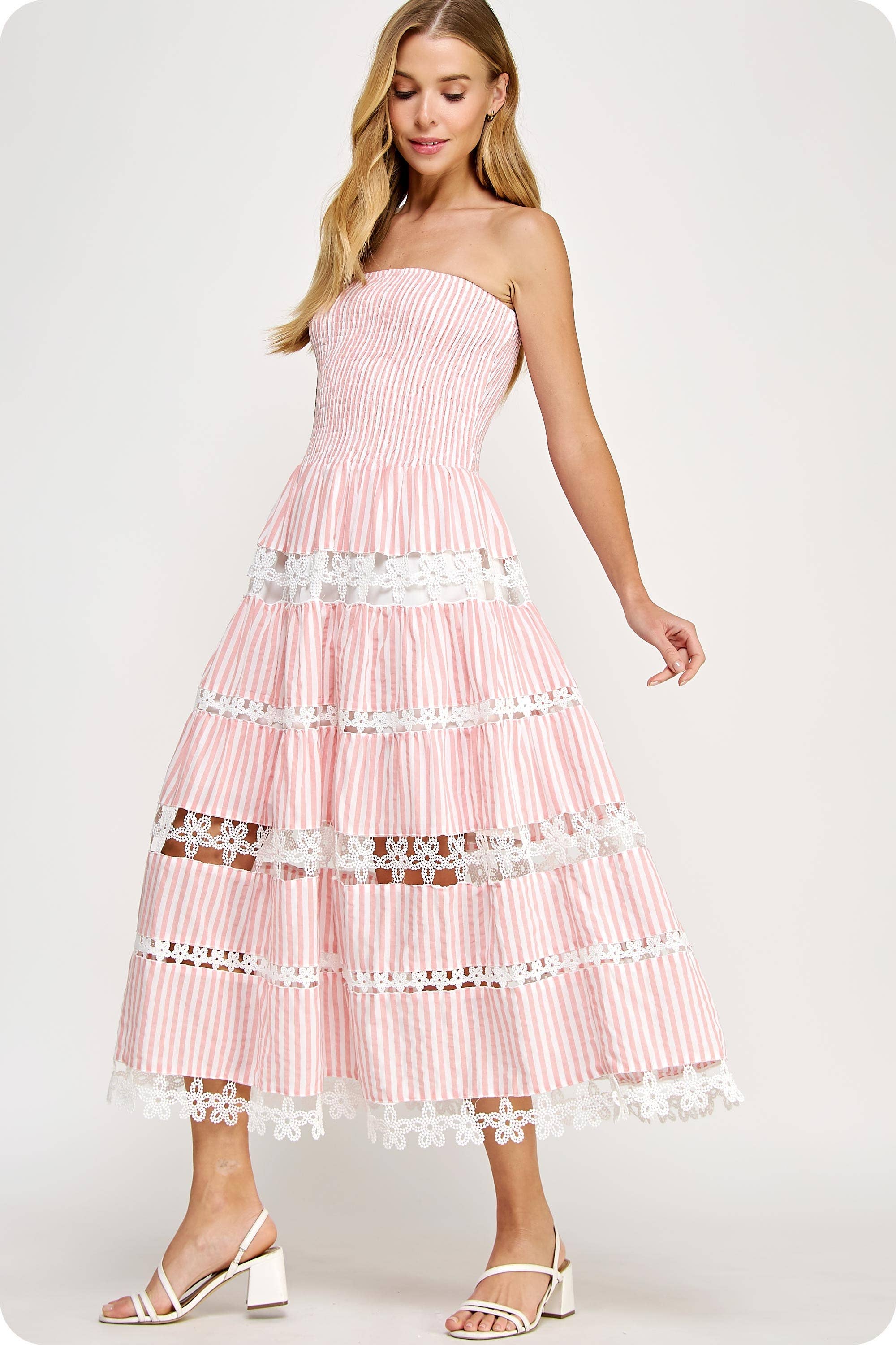 Striped Floral Lace Strapless Tube Dress