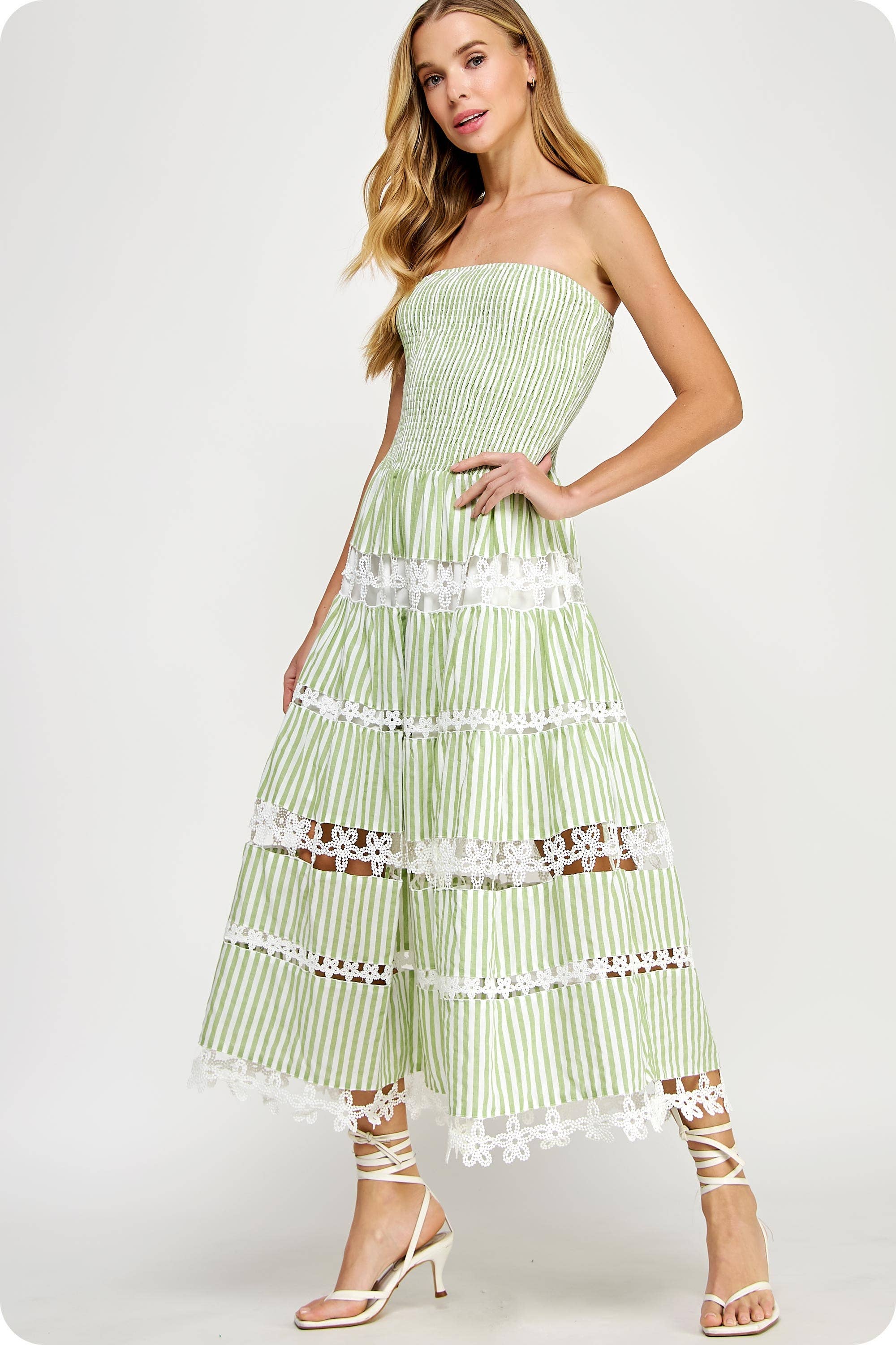 Striped Floral Lace Strapless Tube Dress