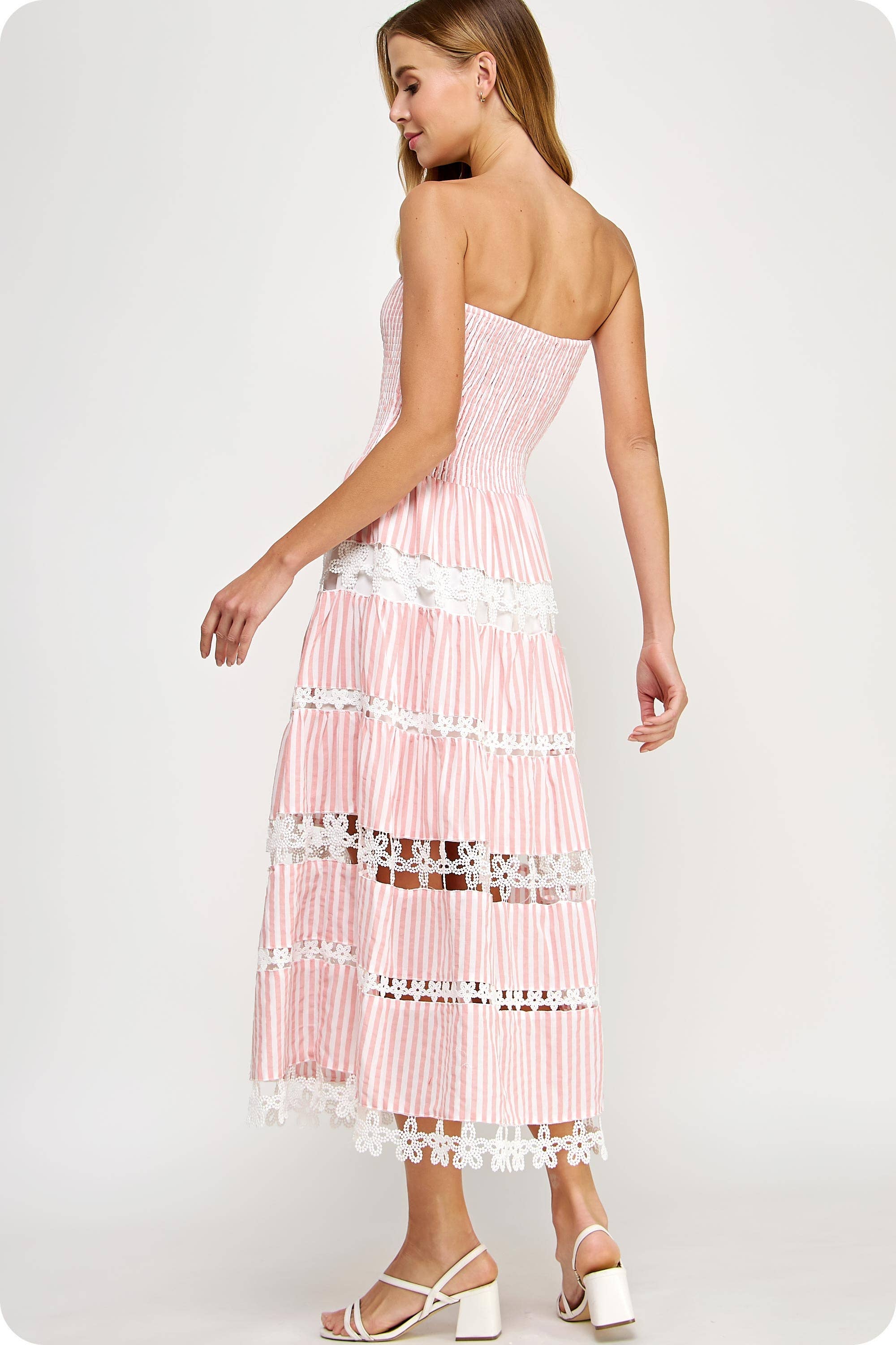 Striped Floral Lace Strapless Tube Dress