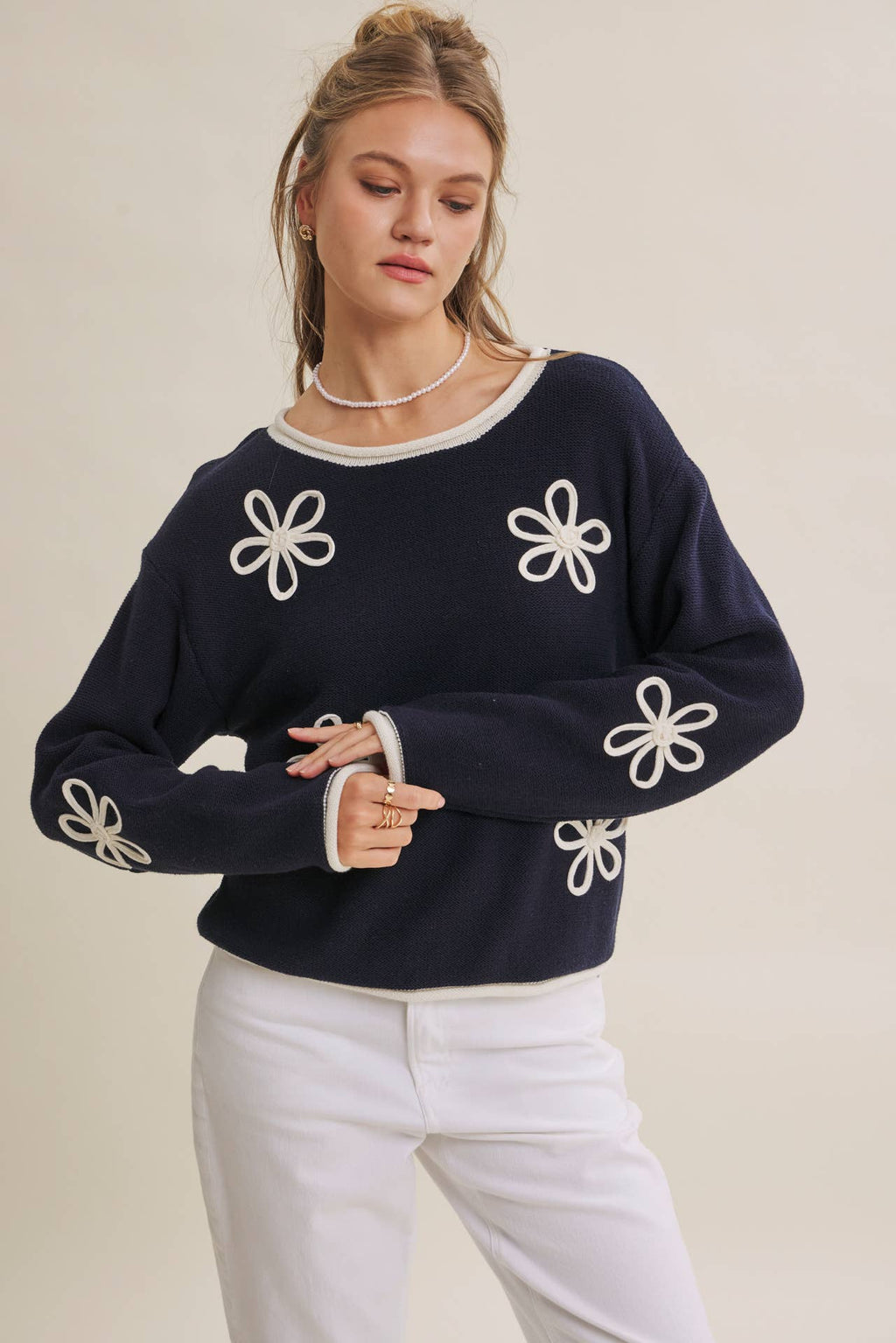 Embroidered Navy Sweater
