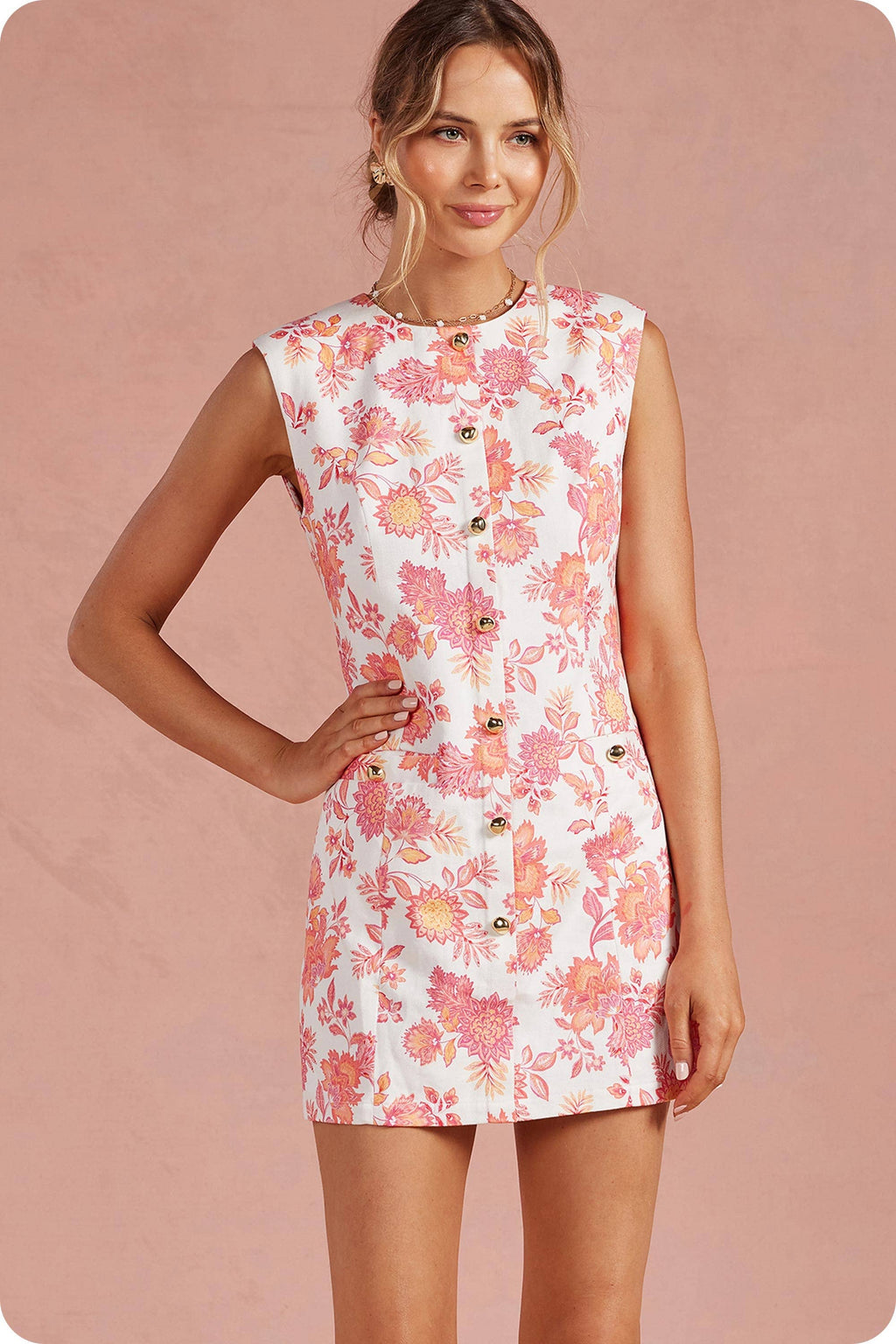 Botanical Garden Button Front Sleeveless Twill Mini Dress