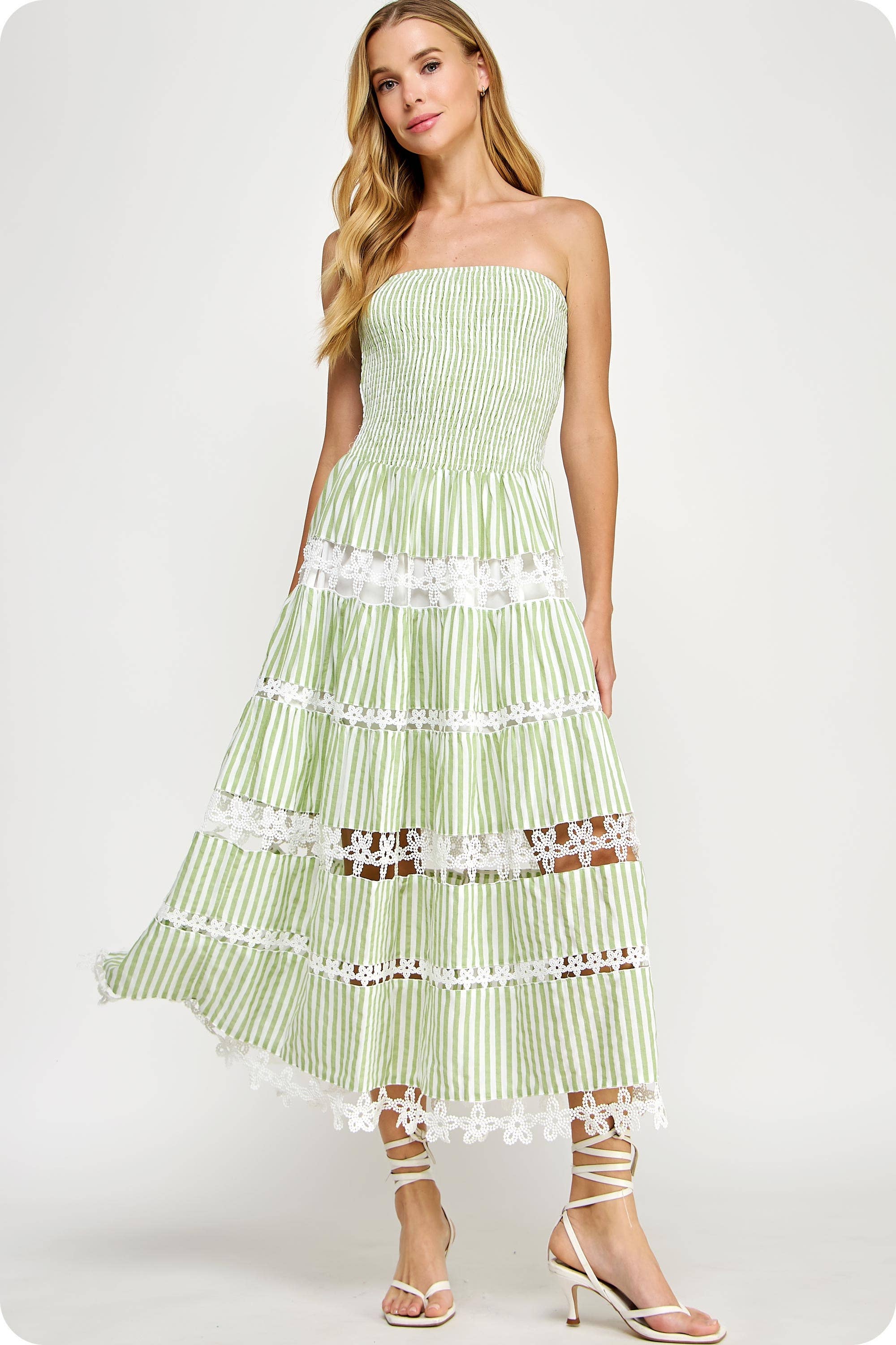 Striped Floral Lace Strapless Tube Dress