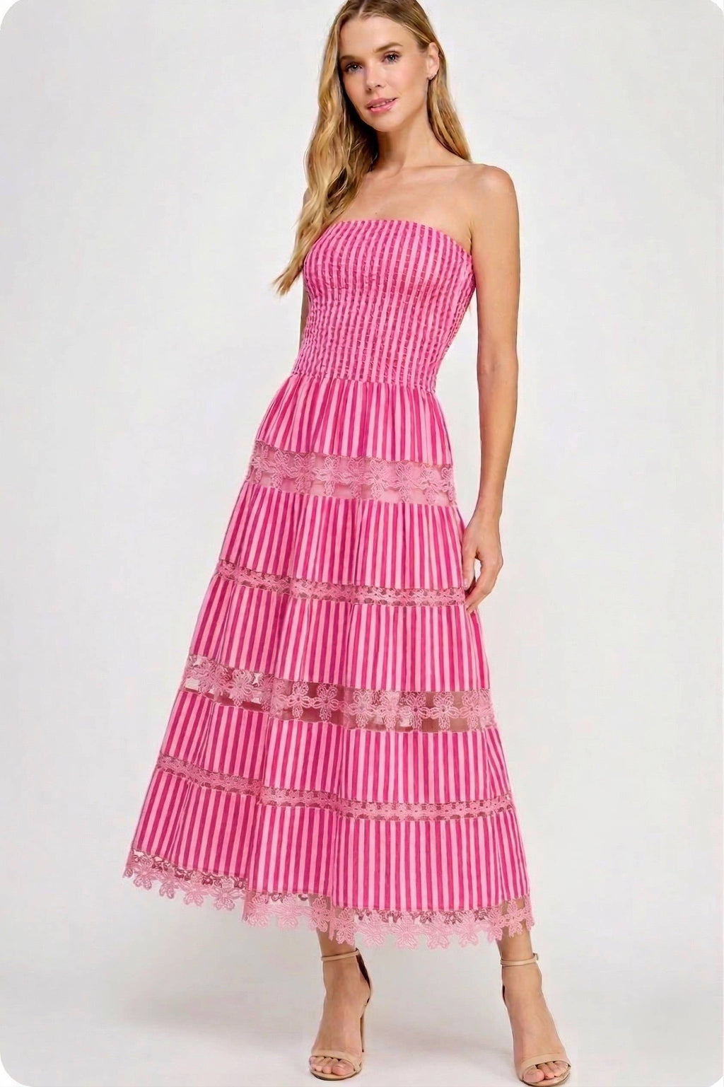 Striped Floral Lace Strapless Tube Dress