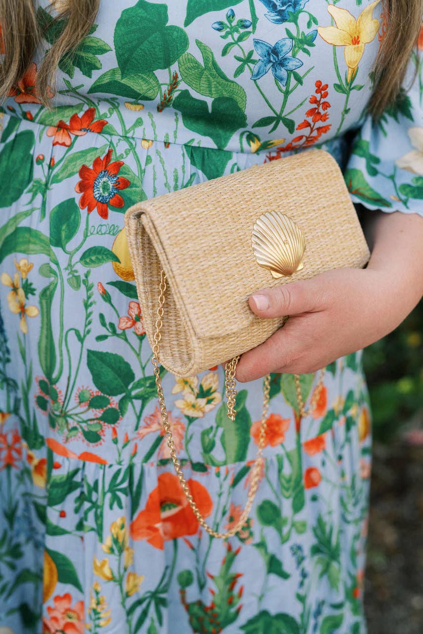 Scalloped Ruby Straw Clutch- Gold Charm