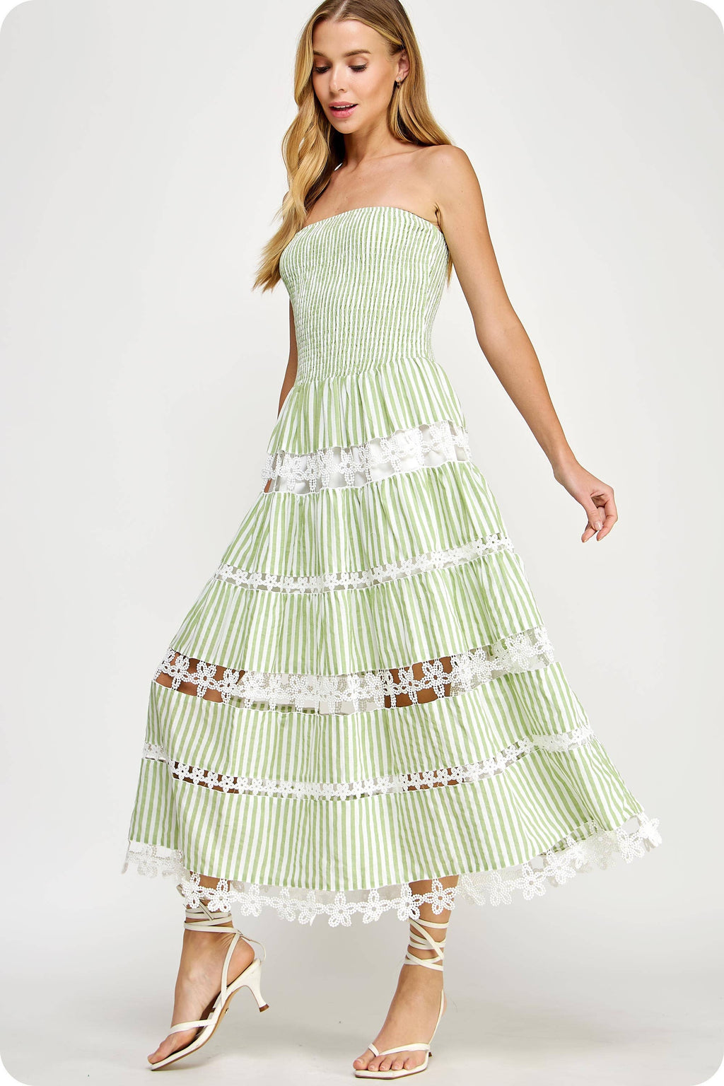 Striped Floral Lace Strapless Tube Dress