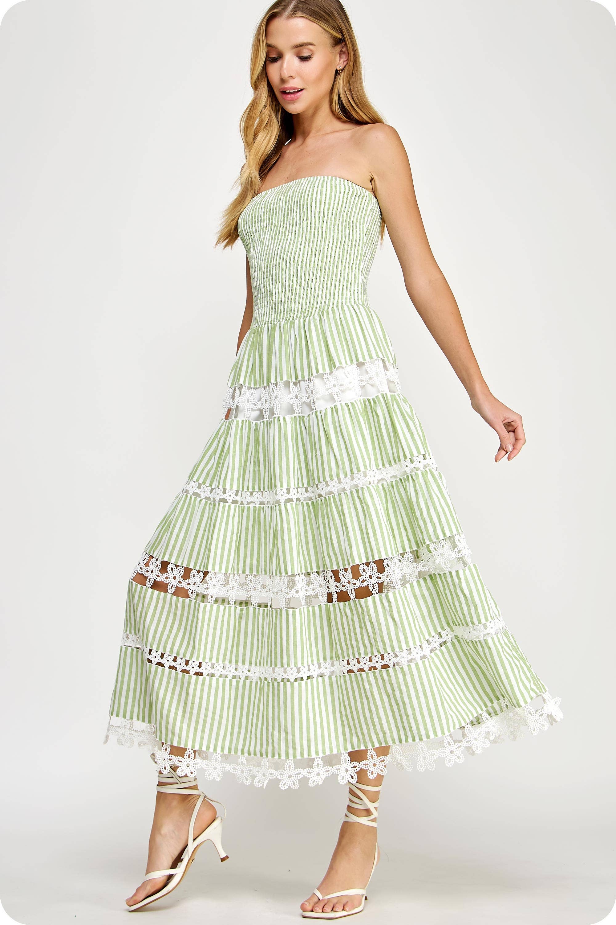 Striped Floral Lace Strapless Tube Dress