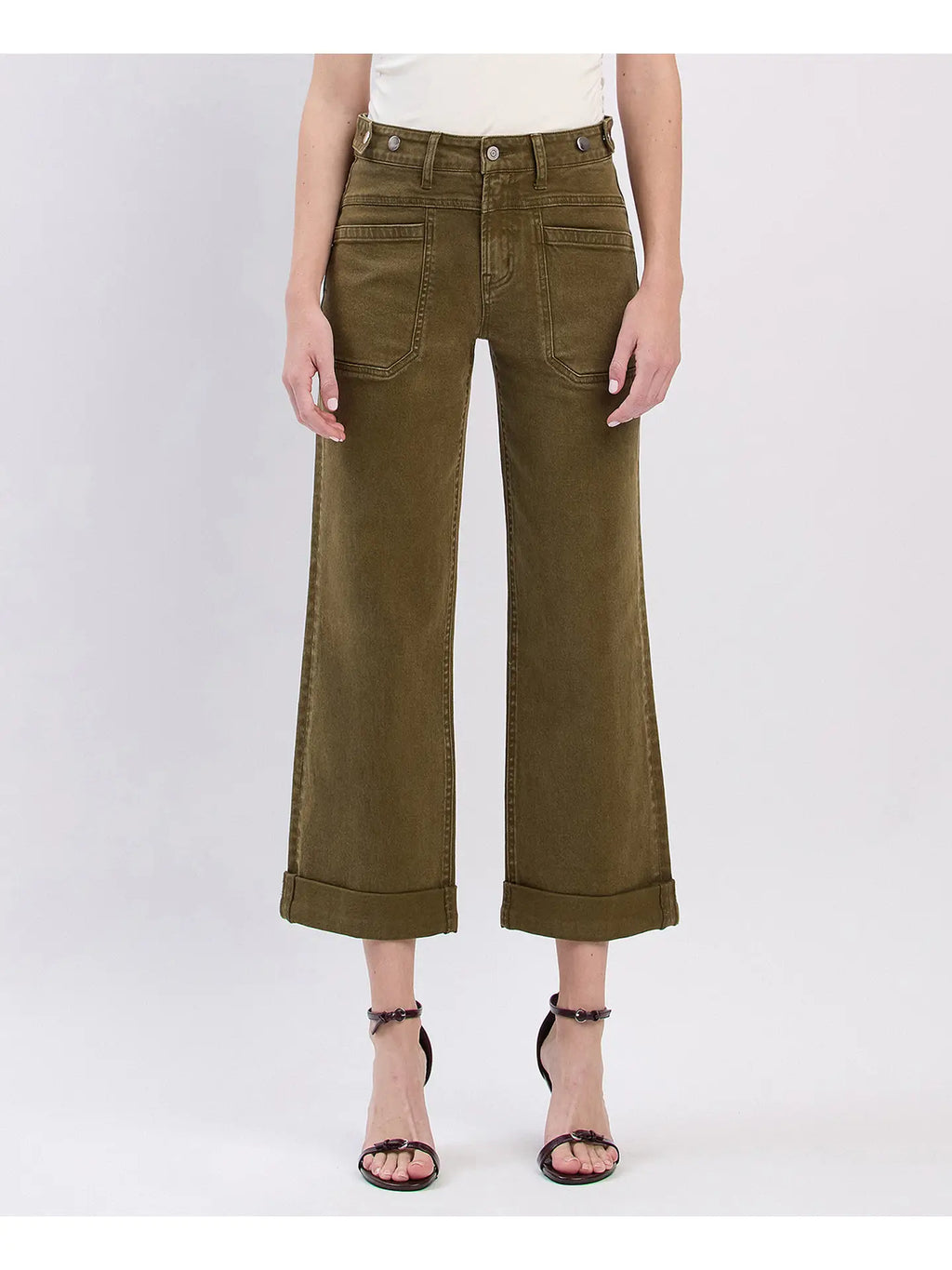 High Rise Tab Cuffed Slim Wide Jeans